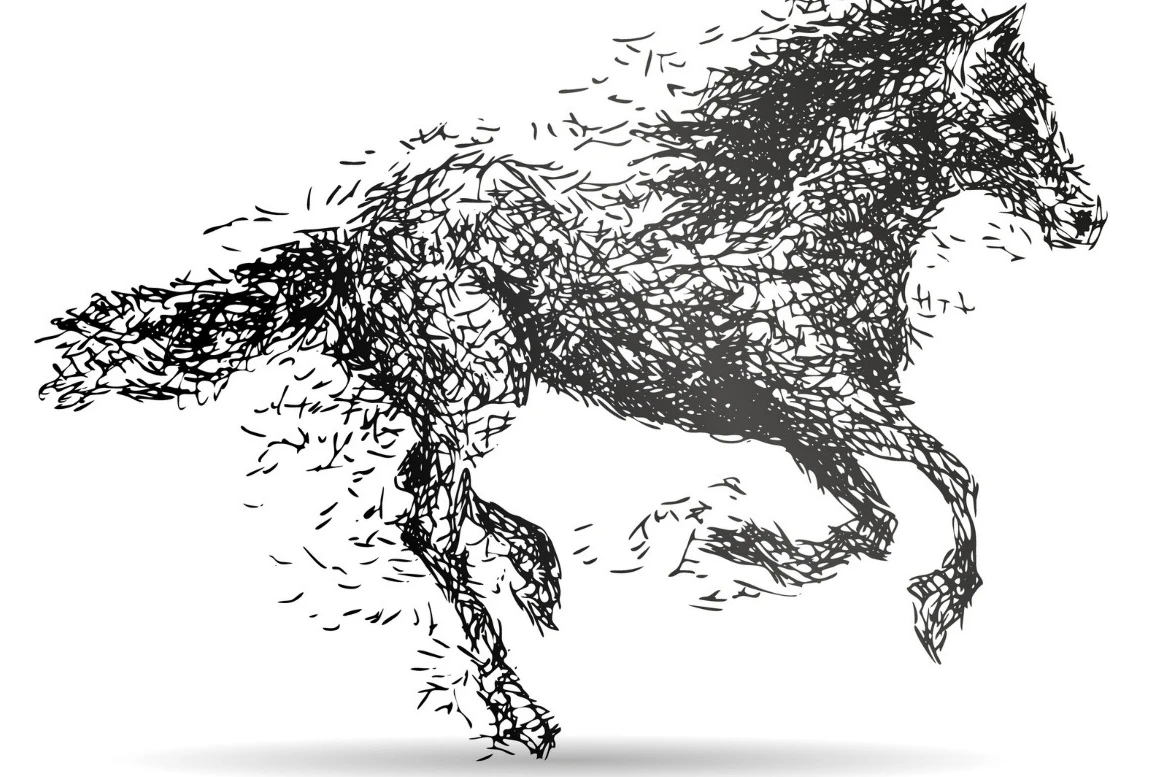 Pony Tale Publishing’s horse, illustrated in flowing black ink